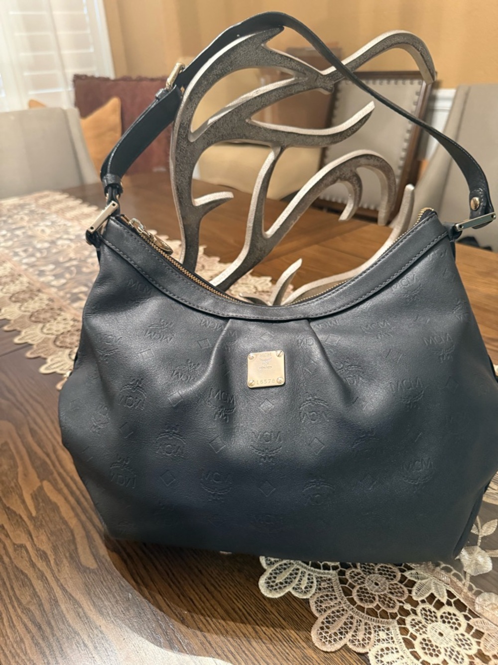 MCM Black Embossed Leather Shoulder Hobo Bag